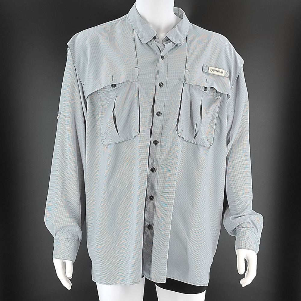 Magellan Outdoors Fish Gear Shirt Mens 2XL Gray Plaid Long Sleeve Fishing Vent